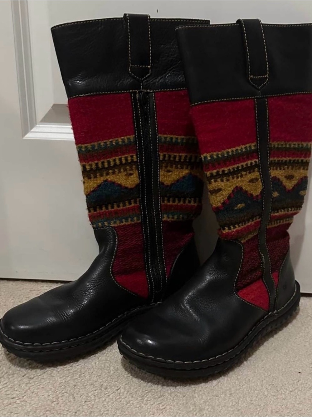 Women's Size 10 BORN Tiroc Indian Blanket Style Black Leather & Wool Knee Boots